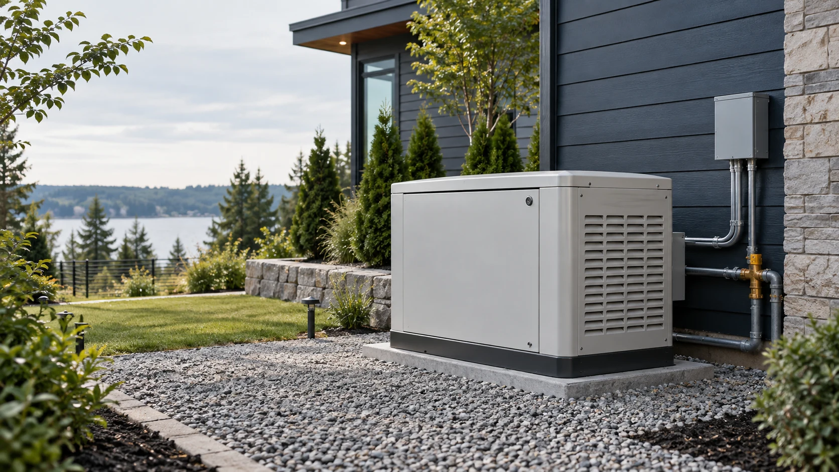 Illustrative unbranded standby generator installed beside a home
