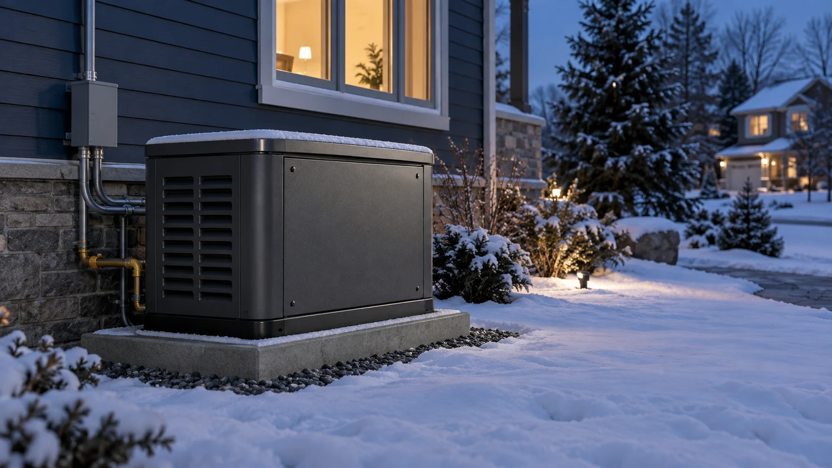 Illustrative standby generator in a winter residential setting